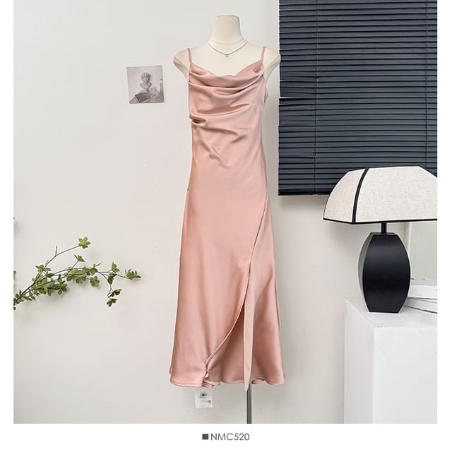 Satin Sleeveless Cowl-Neck Slited Cocktail Dress