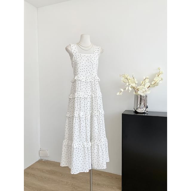 Thin Strap Polka Dot Print Ruffled Trim Maxi Gown