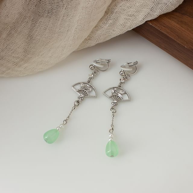 Faux Jade Fan Drop Earring / Clip On Earring