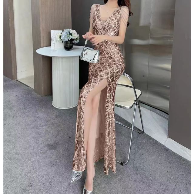 Fringed Sequin Bead Evening Gown Mermaid Sleeveless V-Neck Slit