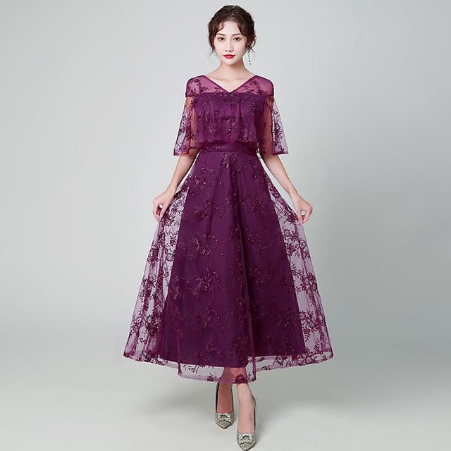 Elbow Sleeve V Neck Lace A-Line Maxi Dress