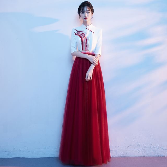 Gown Stand Tone A-Line Collar Short-Sleeve Two Evening