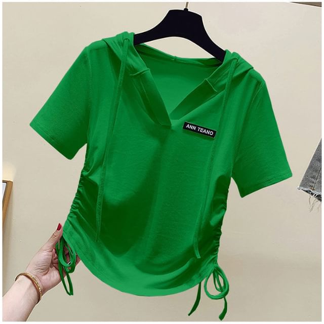 Short-Sleeve V-Neck Lettering Drawstring Tee