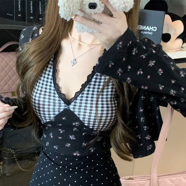 Plaid Panel Crop Cami Top / Floral Print Cardigan / Mini Dress