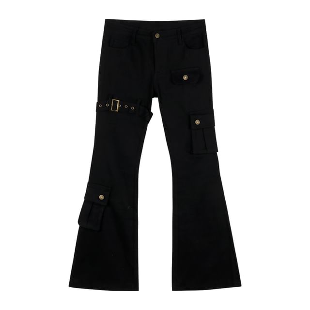 Plain Faux Fur Zip Jacket / High Rise Buckled Flared Jeans