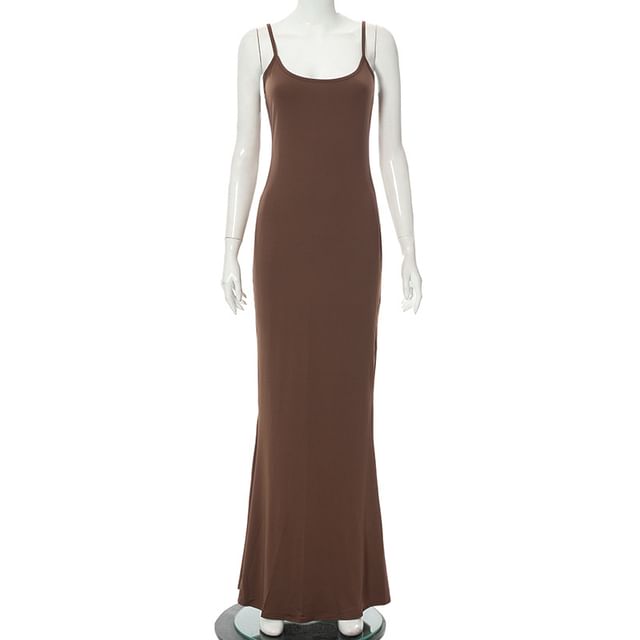 Spaghetti Strap Scoop Neck Plain Mermaid Maxi Dress