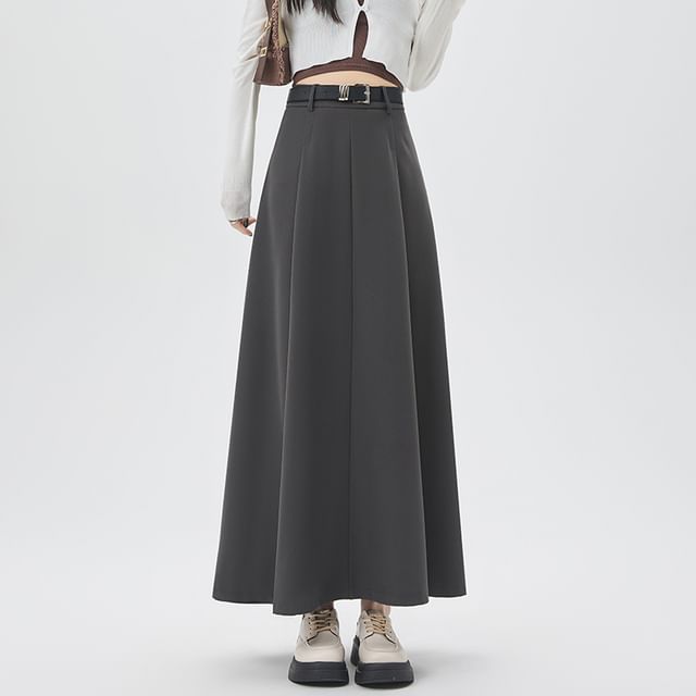 Pleated High-Rise Maxi A-Line Skirt in Solid Tone