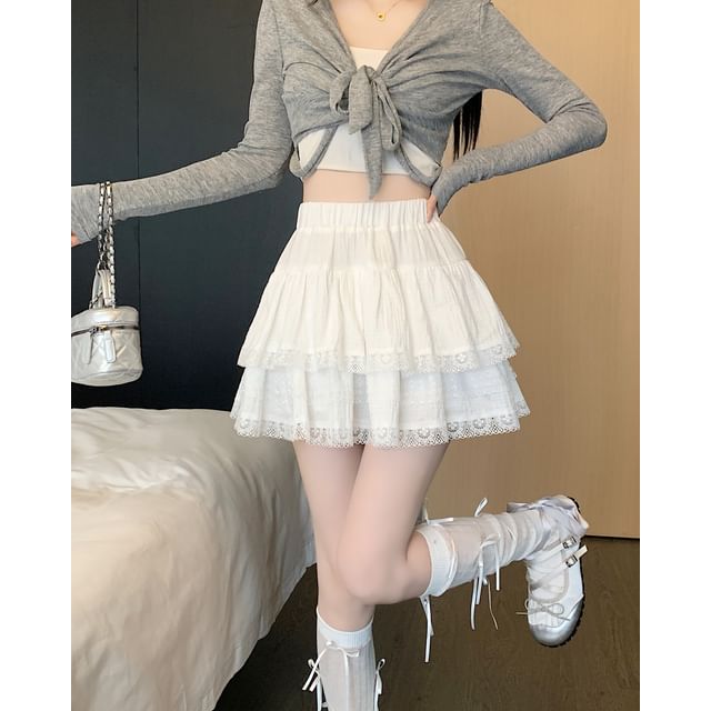 Lace-Trimmed High-Waisted Tiered Mini Skirt