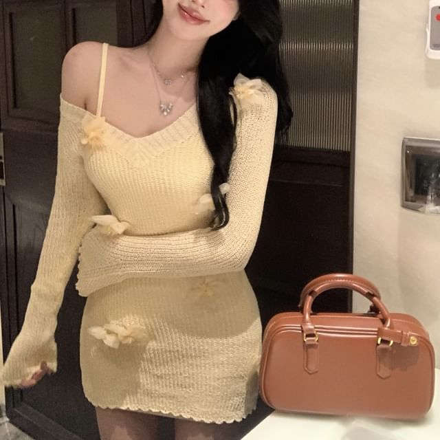 Long-Sleeve V Neck Flower Accent Mini Sheath Knit Dress / Slip Dress