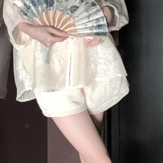 Puff-Sleeve V-Neck Flower Embroidered Blouse / High Rise Maxi A-Line Skirt / Shorts / Plain Camisole Top / Set