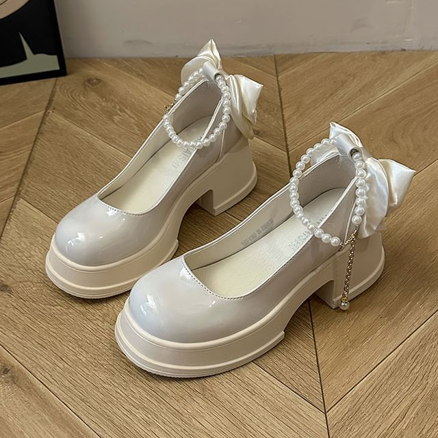 Platform Bow Ankle Strap Patent Leather Pumps