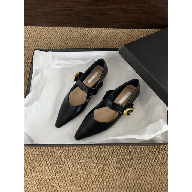Pointed Toe Plain Faux Leather Mary Jane Shoes