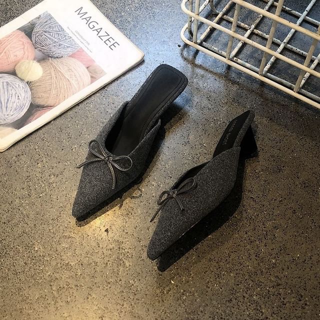 Chunky Heel Pointed Toe Plain Bow Accent Mules