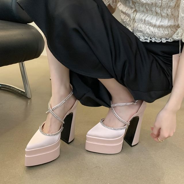 Chunky Heel Pointed Toe Rhinestone Accent D'Orsay Pumps