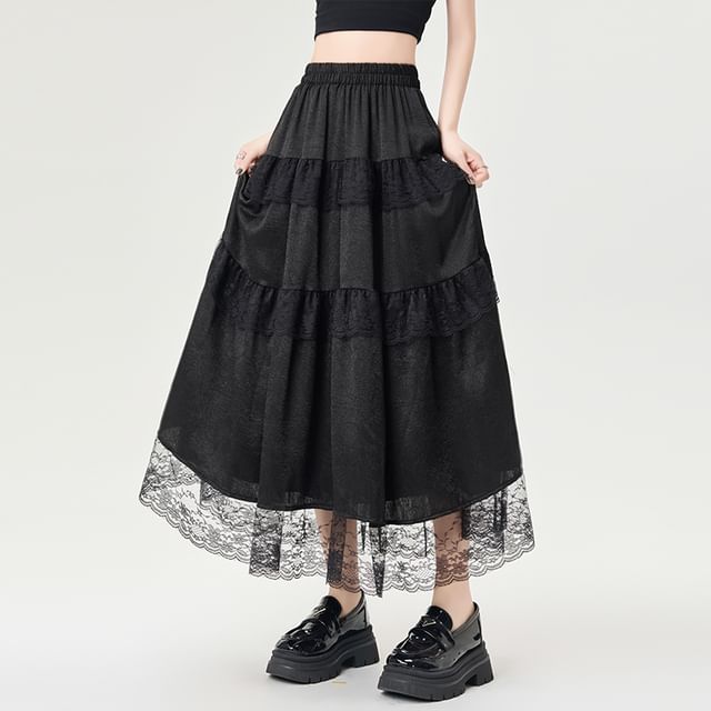 High Rise Plain Lace Trim Maxi A-Line Skirt