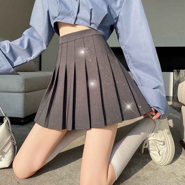High Waist Sequin Pleated Mini A-Line Skirt