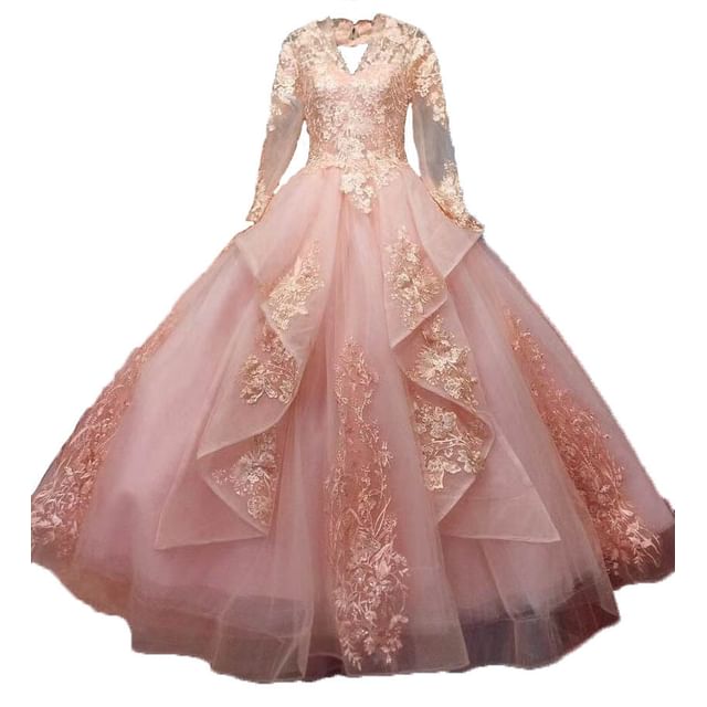 Long-Sleeve V-Neck Glitter Embroidered A-Line Evening Gown