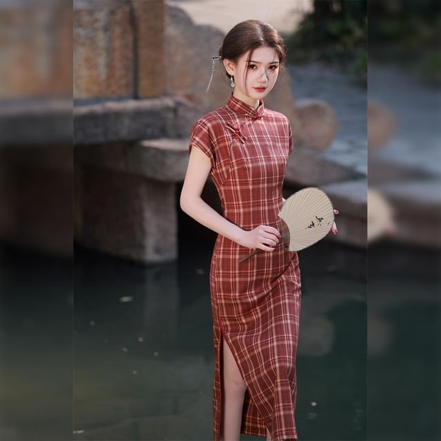 Short-Sleeve Plaid Maxi Qipao