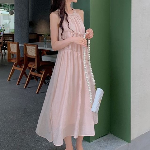 Panel Plain Round Dress A-Line Neck Midi Sleeveless