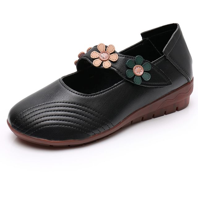 Faux Leather Flower Detail Mary Jane Shoes