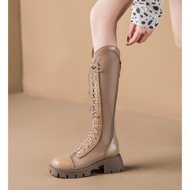 Platform Boots Panel Lace-Up Tall Mesh