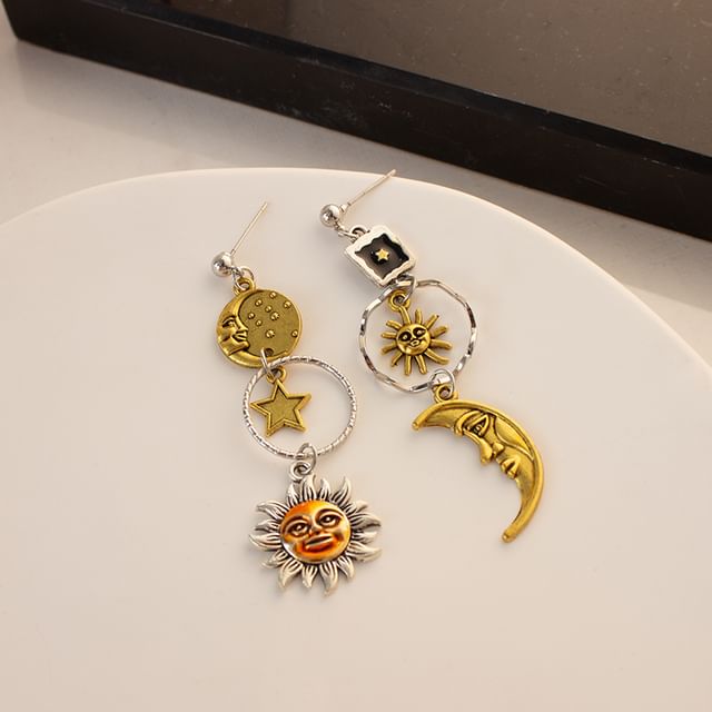 Sun Moon Asymmetrical Drop Earring / Clip-On Earring