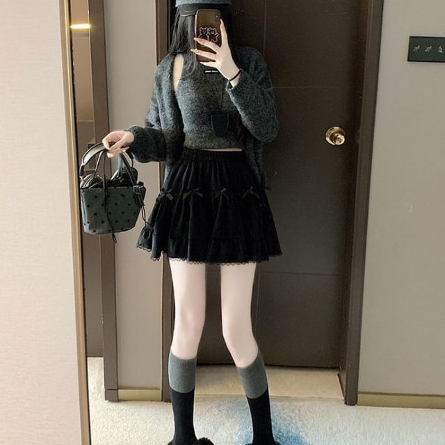 Elastic Waist Plain Bow Ruffle Mini A-Line Skirt