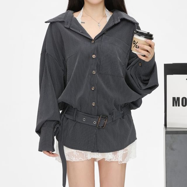 Long-Sleeve Striped Pocket Front Oversized Shirt / Plain Lace Trim Camisole Top