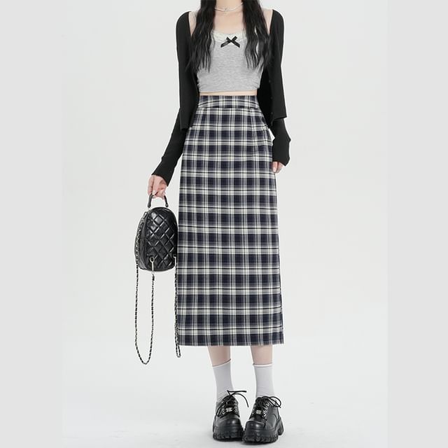 Skirt H-Line Slit Plaid Midi Waist High