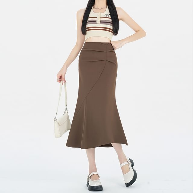High Waist Plain Ruched Midi Fishtail Skirt