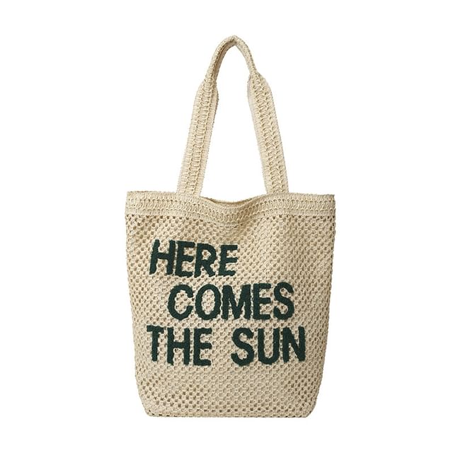 Letter Embroidered Woven Tote Bag