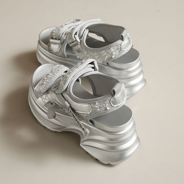 Platform Adhesive Strap Sequin Slingback Sandals