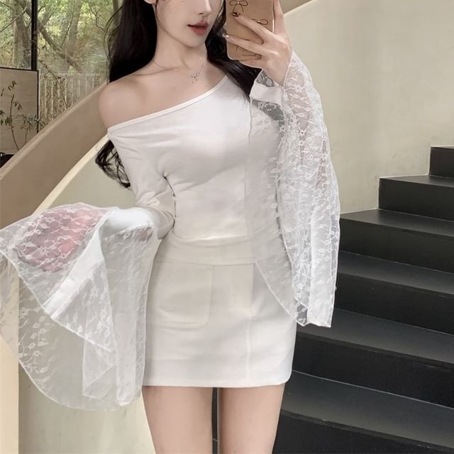 Long-Sleeve Off Shoulder Plain Lace Panel Top