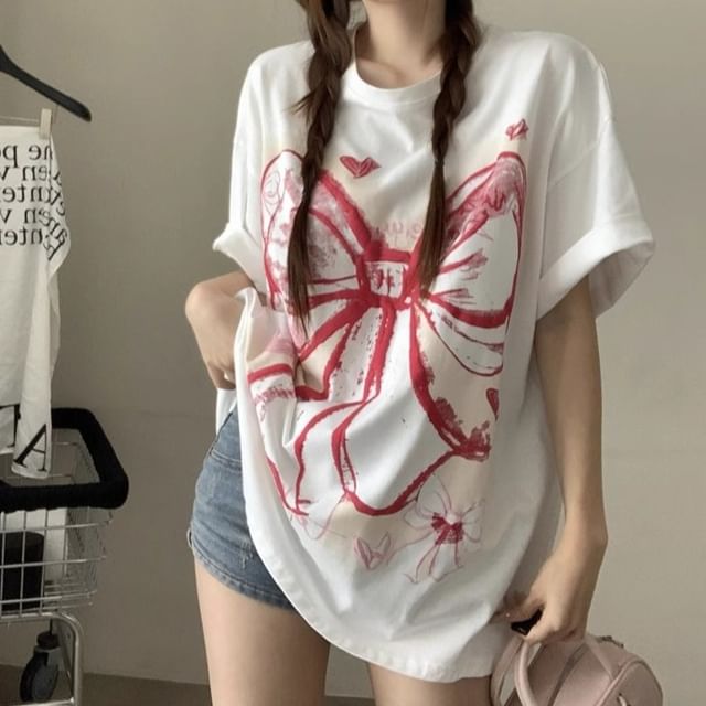 Elbow-Sleeve Round Neck Bow Print Oversized T-Shirt