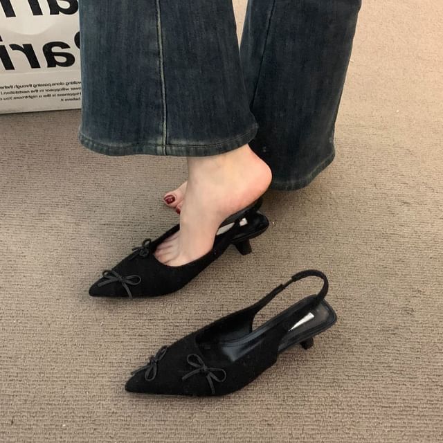 Pointy Bow Kitten Heel Slingback Sandals