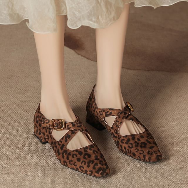 Leopard Print Cross Strap Chunky Heel Mary Jane Shoes