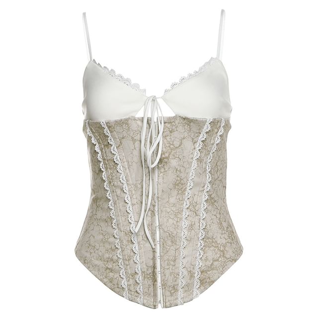 Corset Cami Top - Lace Trim Color Block Tie Front