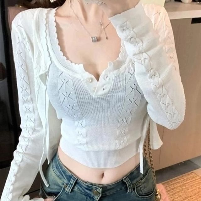 Set: Sleeveless Scoop Neck Plain Crop Knit Top + Plain Cable Knit Cardigan