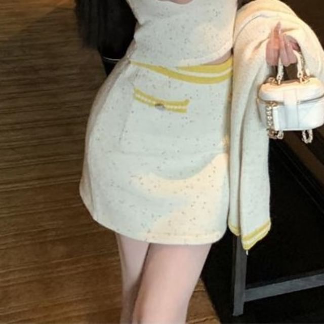 Scoop Neck Contrast Trim Cami Top / High Waist Mini Pencil Skirt / Contrast Trim Button Cardigan