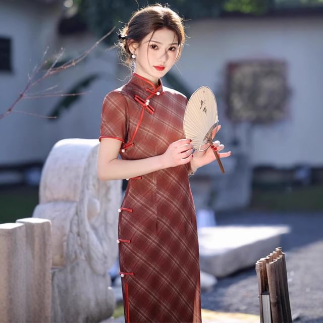 Short-Sleeve Stand Collar Plaid Maxi Qipao Dress