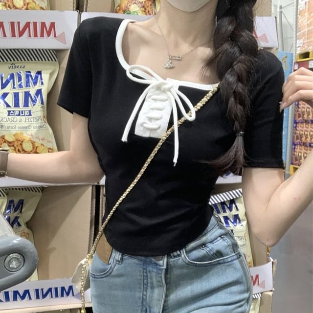 Two Tone Lace-Up Crop Top