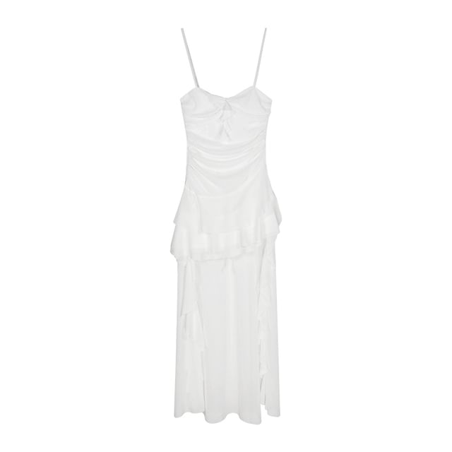 Mesh High Low A-Line Dress with Spaghetti Straps