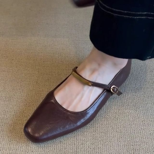 Square Toe Metal Accent Mary Jane Flats