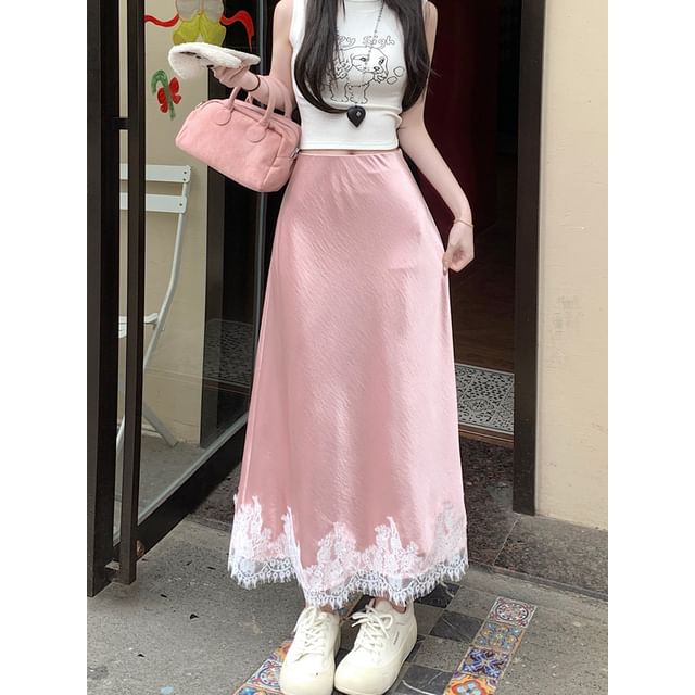 High Rise Lace Panel Satin Midi A-Line Skirt