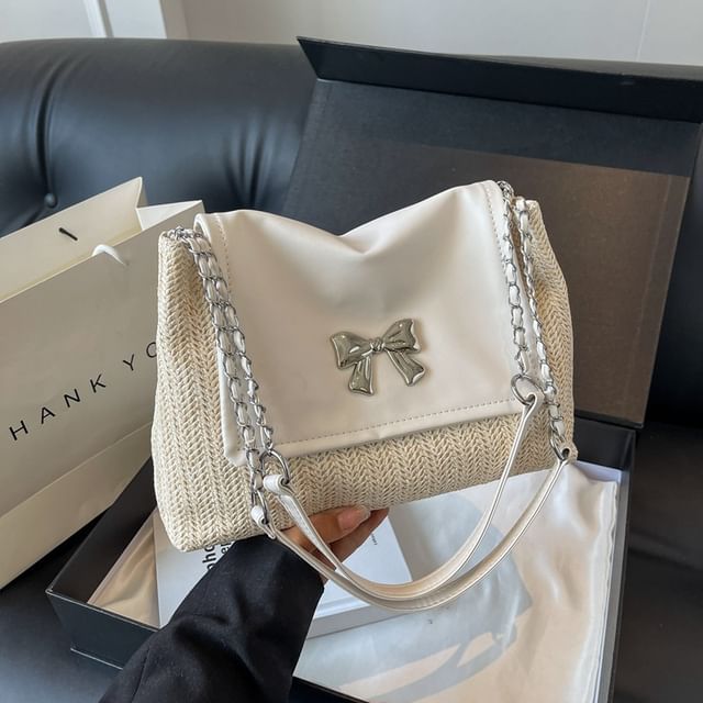 Bow Flap Woven Shoulder Bag