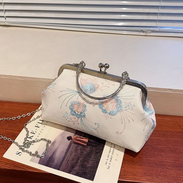 Floral Embroidered Kiss Lock Crossbody Bag