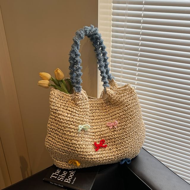 Bow Tassel Strap Woven Tote Bag