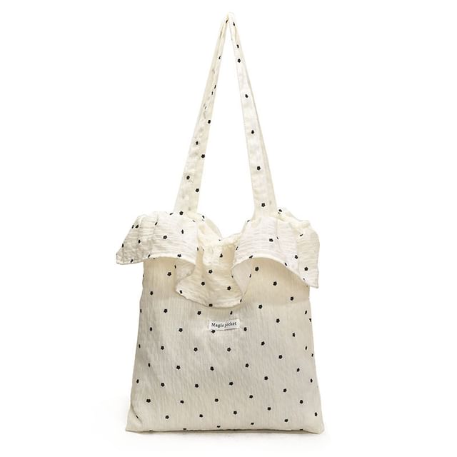 Floral Embroidered Ruffle Trim Tote Bag