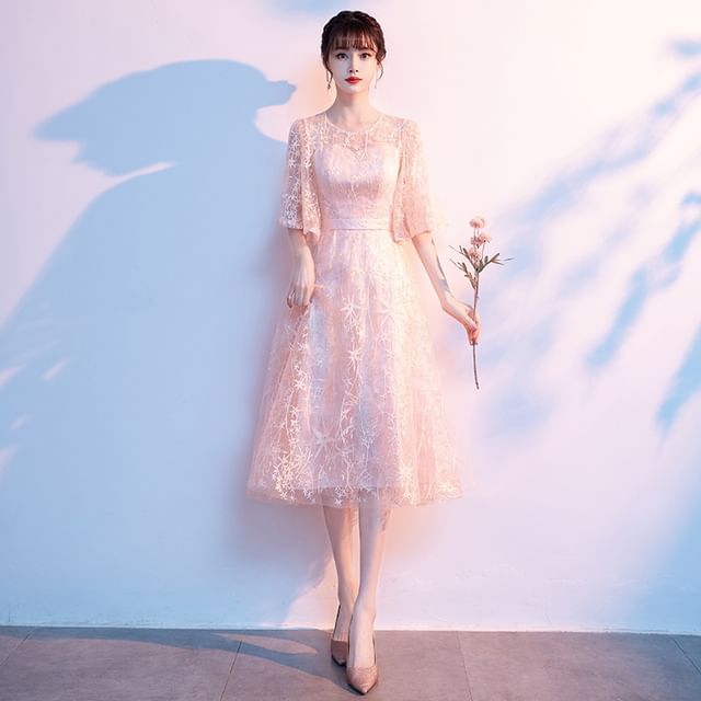 Short-Sleeve Round Neck Mesh Overlay Bow Midi A-Line Evening Dress