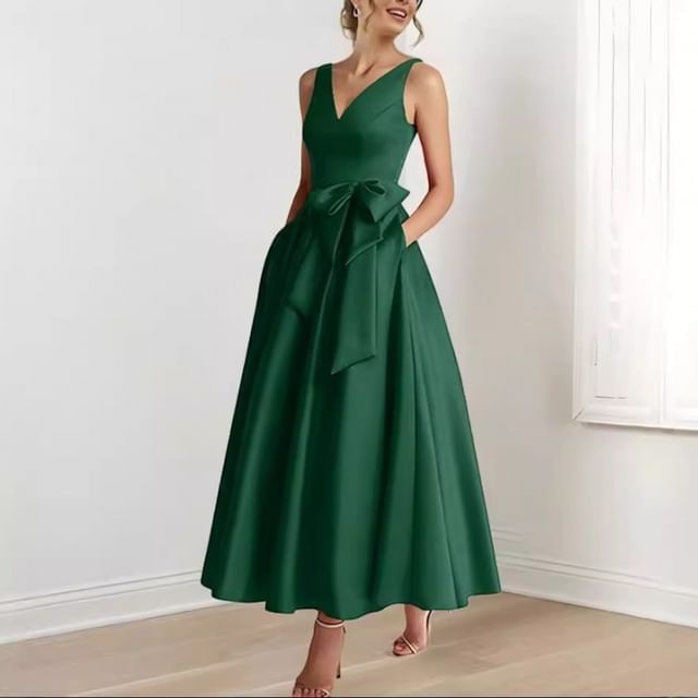 Sleeveless V-Neck Plain Bow Midi A-Line Evening Dress